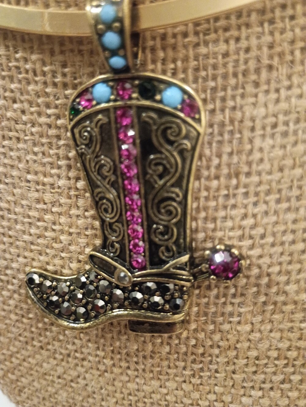 Rhinestone Bejeweled Cowboy Boot Western Pendant On Necklace